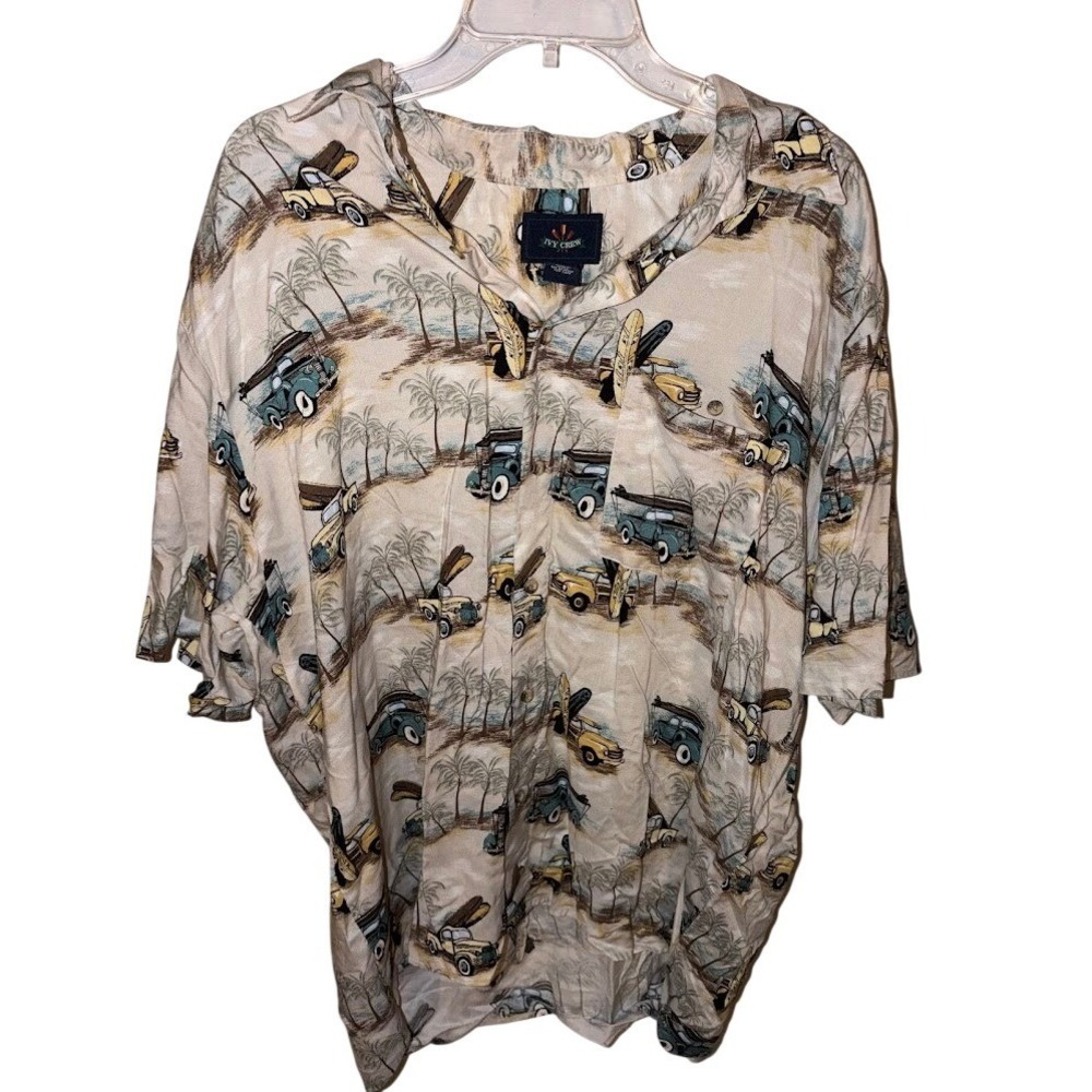 Ivy Crew Mens XL Tropical Beach Surf Car Print Viscose Rayon Button Up Shirt Tan